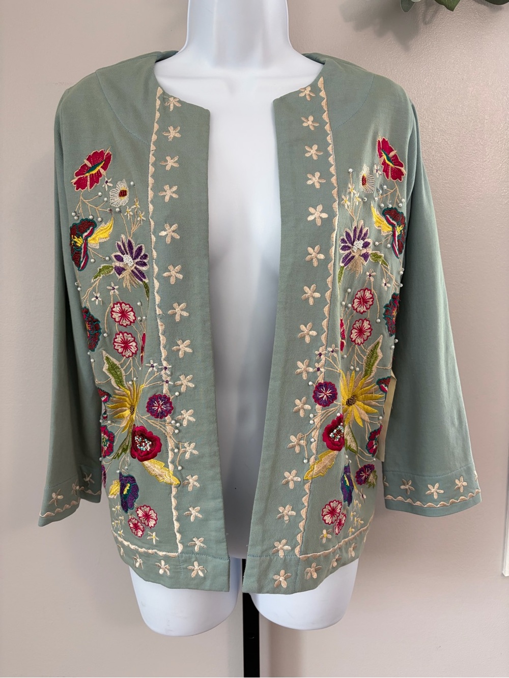 NWT Aratta Silent Journey- Light Sage Green Embroidered Open Front Cardigan